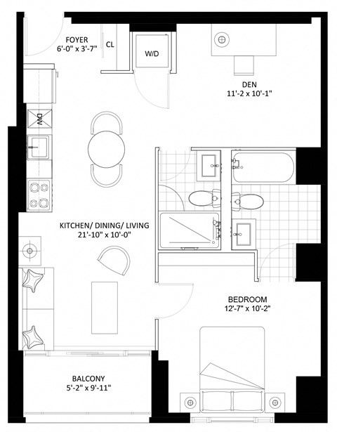 Floor plan for 1 bed, 2 baths, 720 sqft